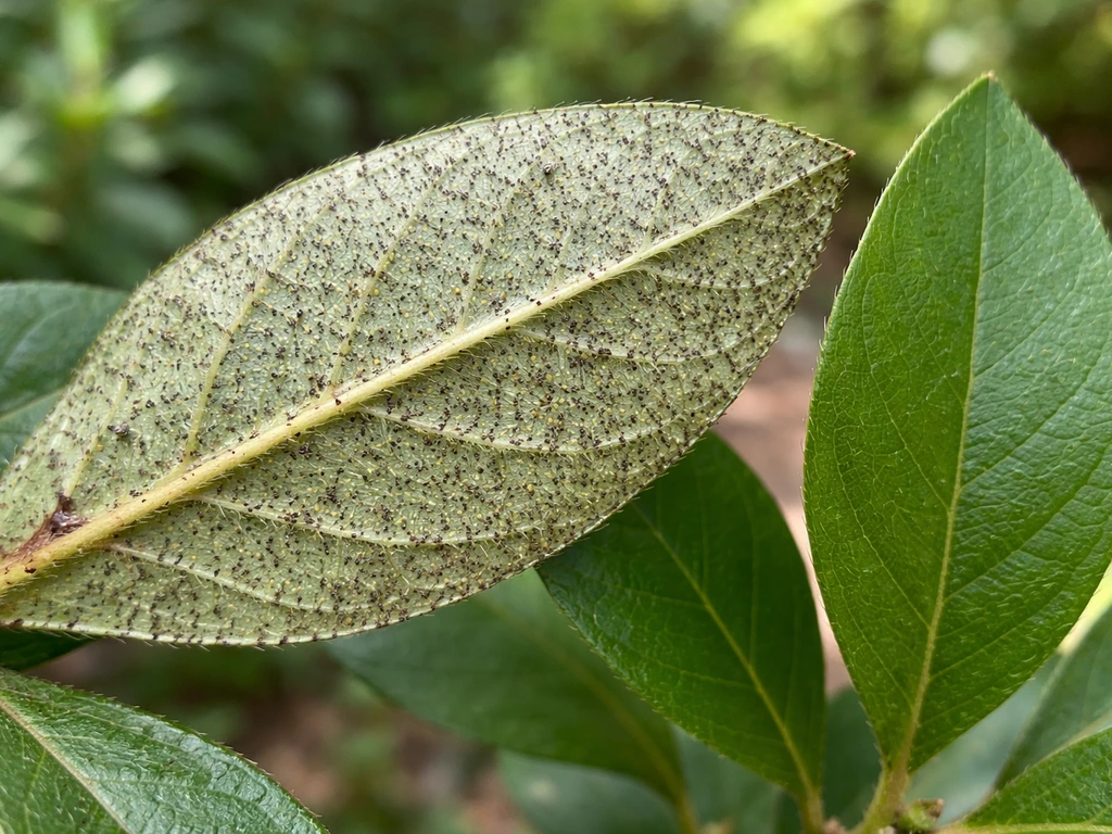 Close-up of azalea leaf underside with stippling damage and an adjacent intact green leaf for contrast.