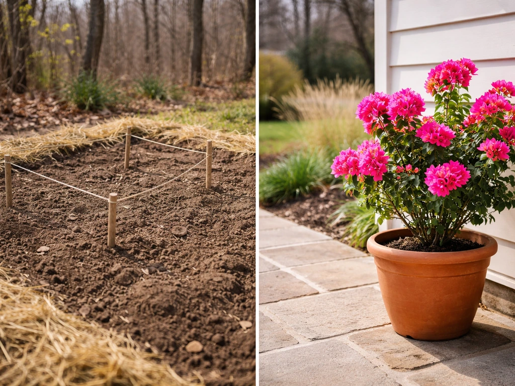 Potted bougainvillea on a sunny patio beside a ground planting bed labeled as not recommended by winter hardiness