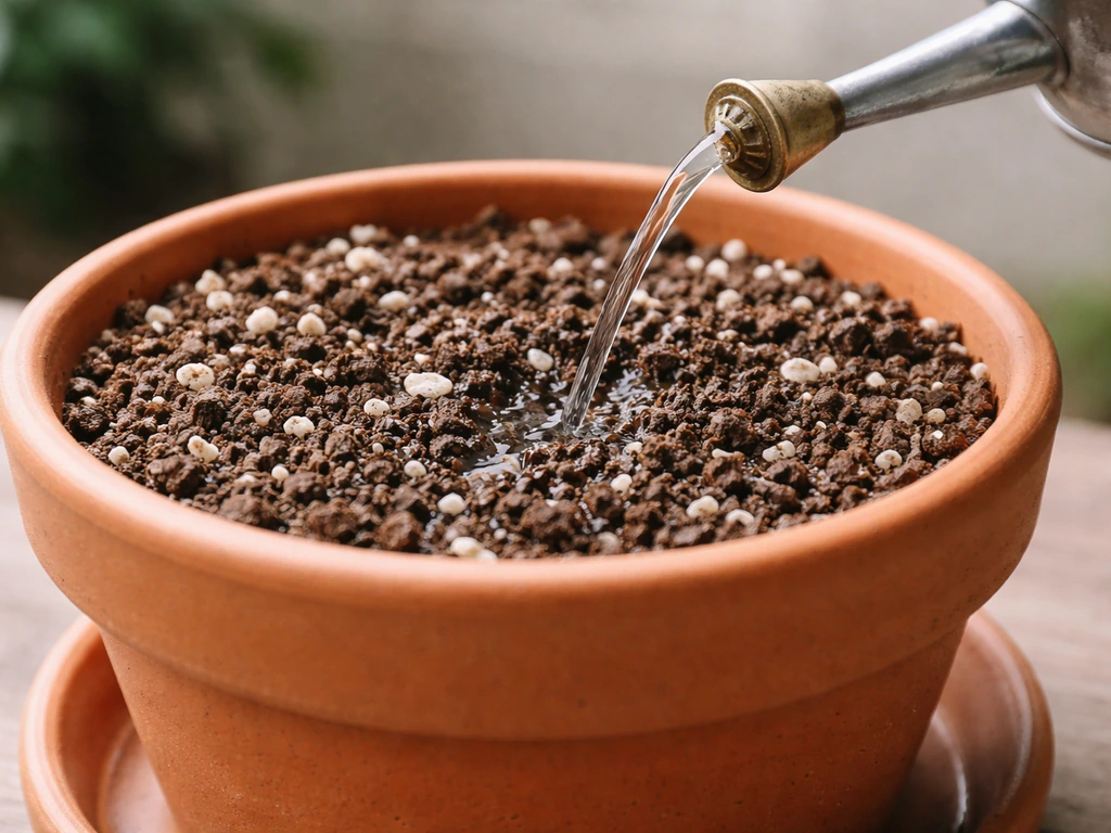 Close-up of perlite-rich potting mix in a pot with watering droplets starting to soak in