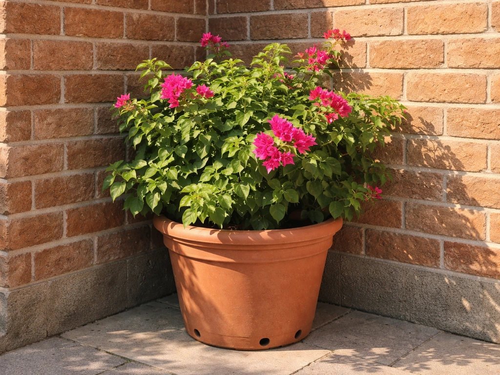 Large bougainvillea in a heavy pot with drainage holes placed in a sunny spot against a brick wall