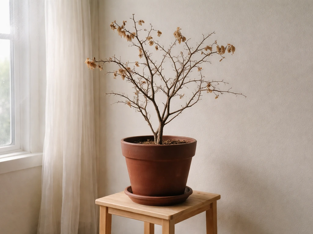 Dormant bougainvillea in a pot beside a bright window in a cool protected indoor space.