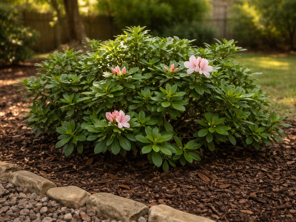 Healthy rhododendron in a Texas garden bed with mulch, thriving in dappled shade.