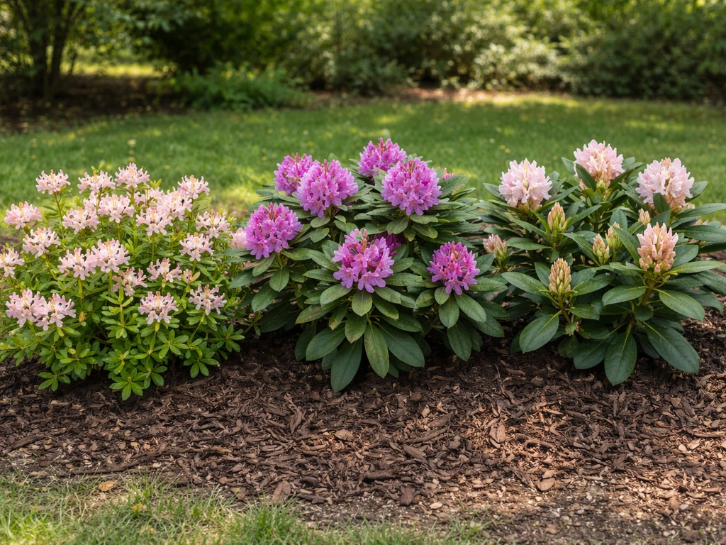 Three distinct flowering rhododendron varieties in a simple garden bed under bright Texas sunlight.