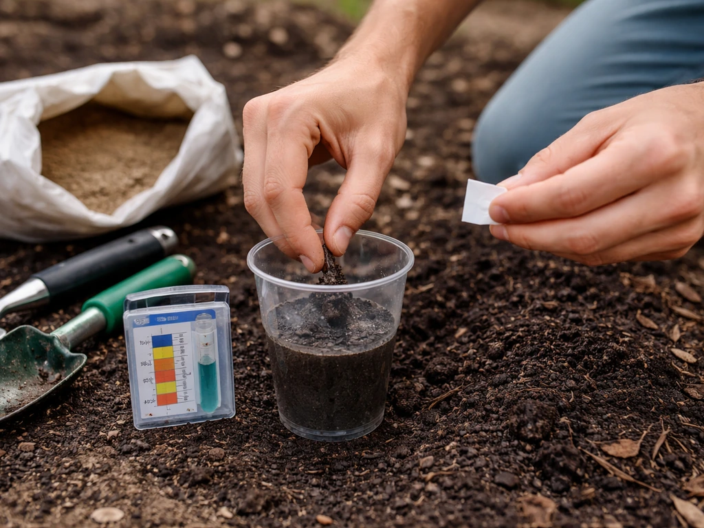 Hands using a soil test kit and amending dark soil to lower pH for acid-loving plants