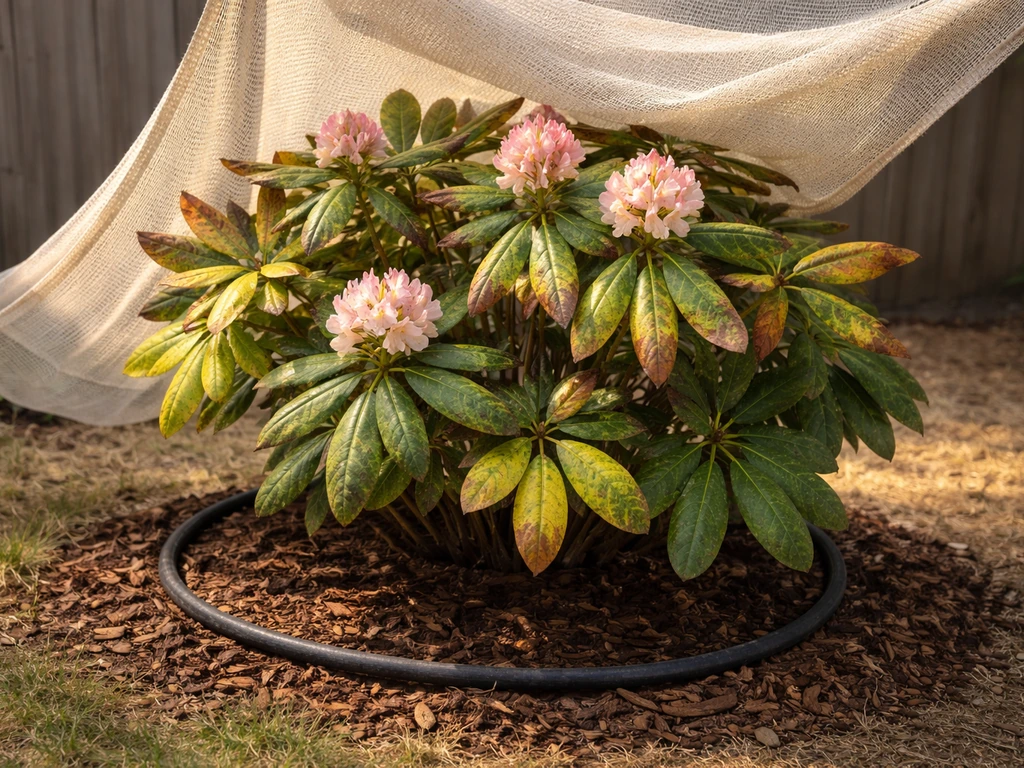 Rhododendron leaves showing scorch and yellowing beside a simple shade cloth and mulch/watering setup