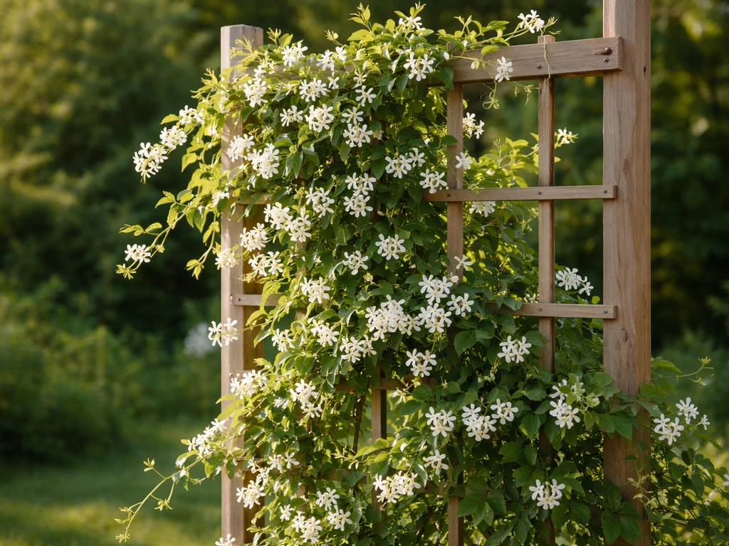 Lush jasmine vine with white blossoms climbing a trellis in bright sunny garden