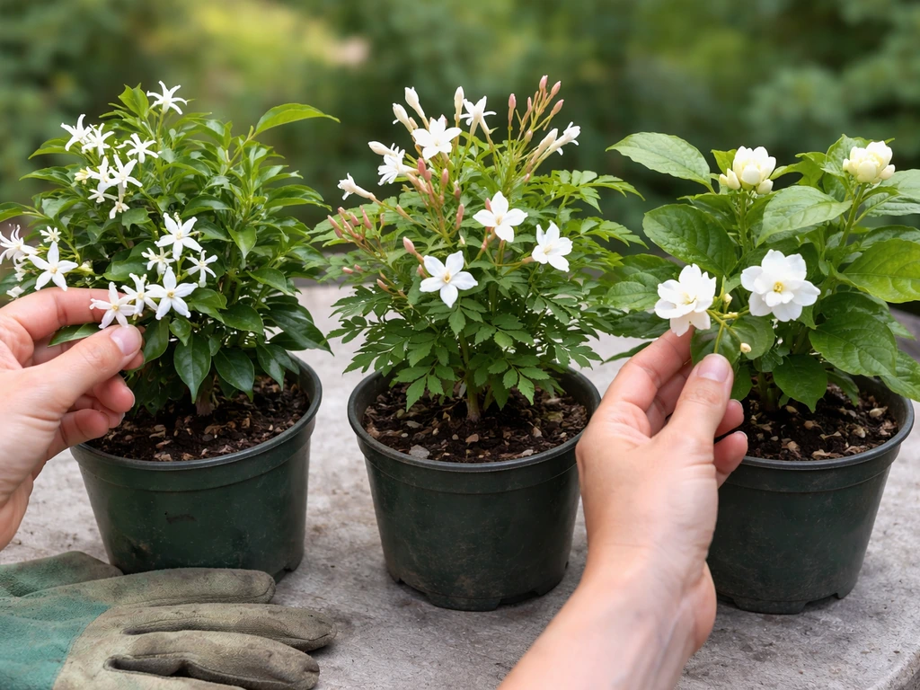 Close-up of three potted jasmine plants on a patio table, hand comparing leaves and flower shapes.