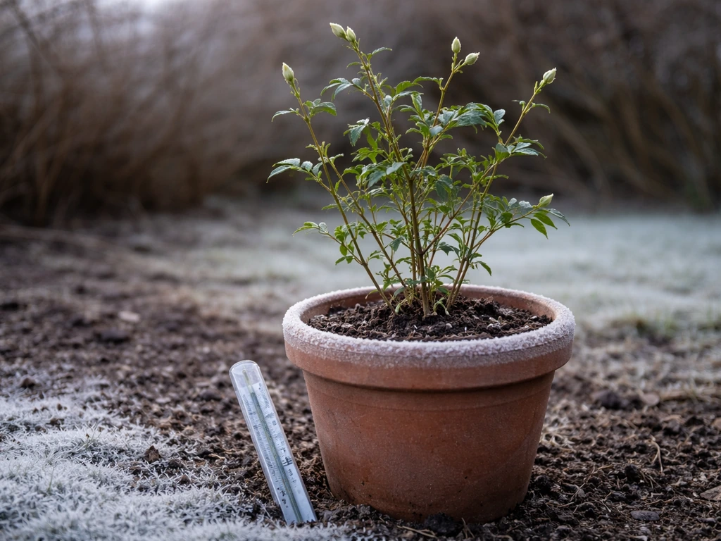 Potted common jasmine near frosty ground with a subtle thermometer, suggesting winter low tolerance