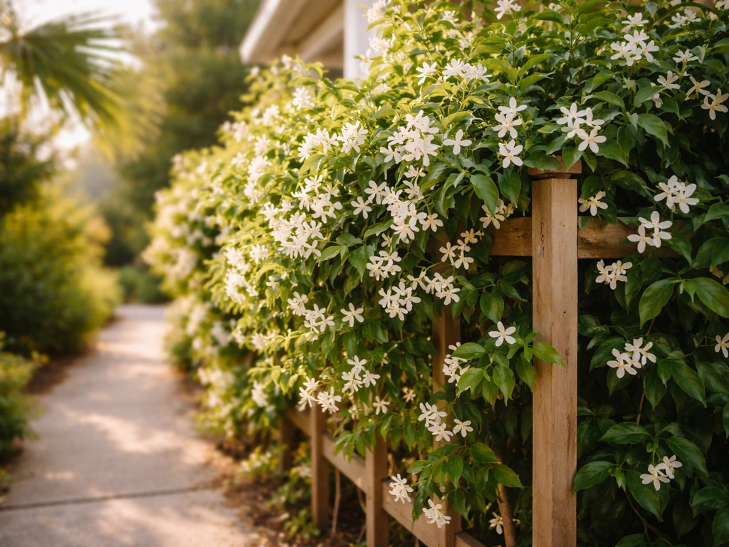 White jasmine vine thriving on a simple trellis beside a warm, humid coastal home walkway.
