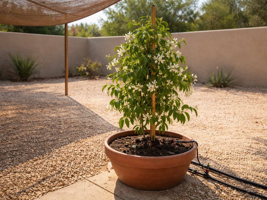Heat-stressed jasmine in a Southwest yard with visible drip irrigation and a small shade cloth for protection.