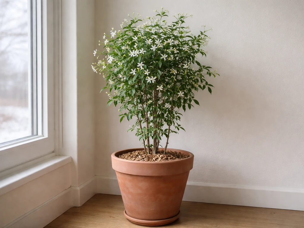 Potted jasmine in a large container near a bright window, showing overwintering indoors