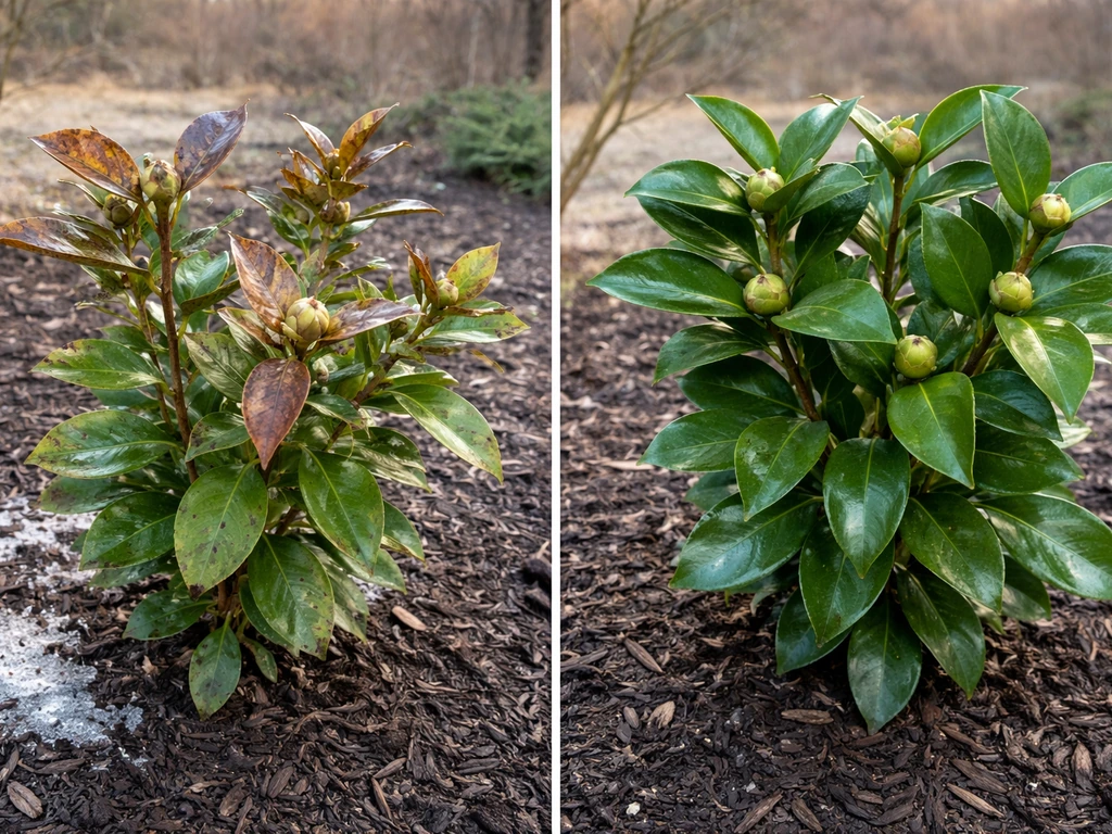 Camellia plant showing winter-stressed tips beside fresh thriving growth in a garden bed