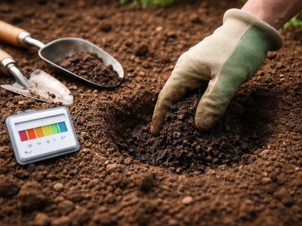 Gloved hand mixing organic amendments into a planting hole beside a pH test kit for acidic soil.