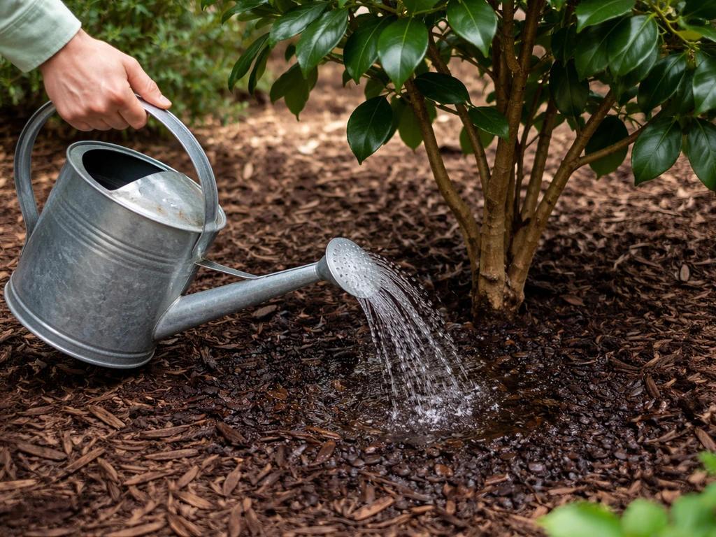 Hand watering camellia at the base with damp soil and mulch around the roots