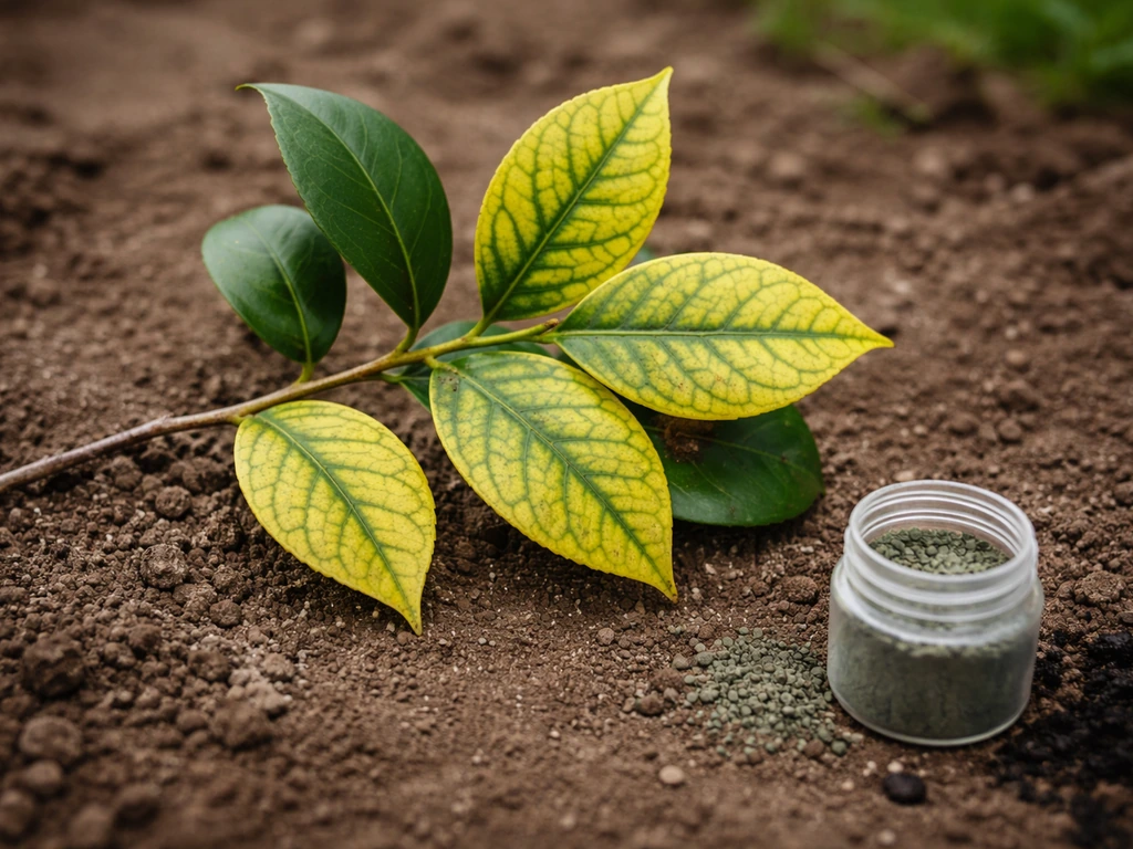 Close-up of camellia leaves showing yellowing with green veins, with soil and iron supplement nearby