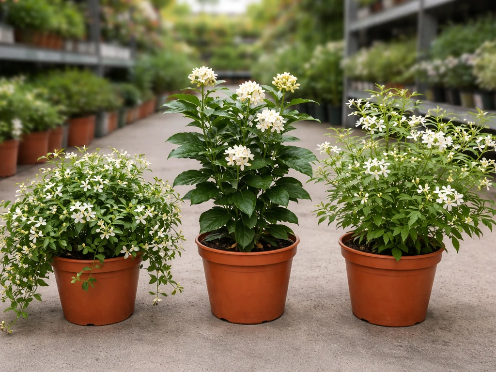Three different potted jasmine plants in a garden center, each with distinct leaf and vine habits.