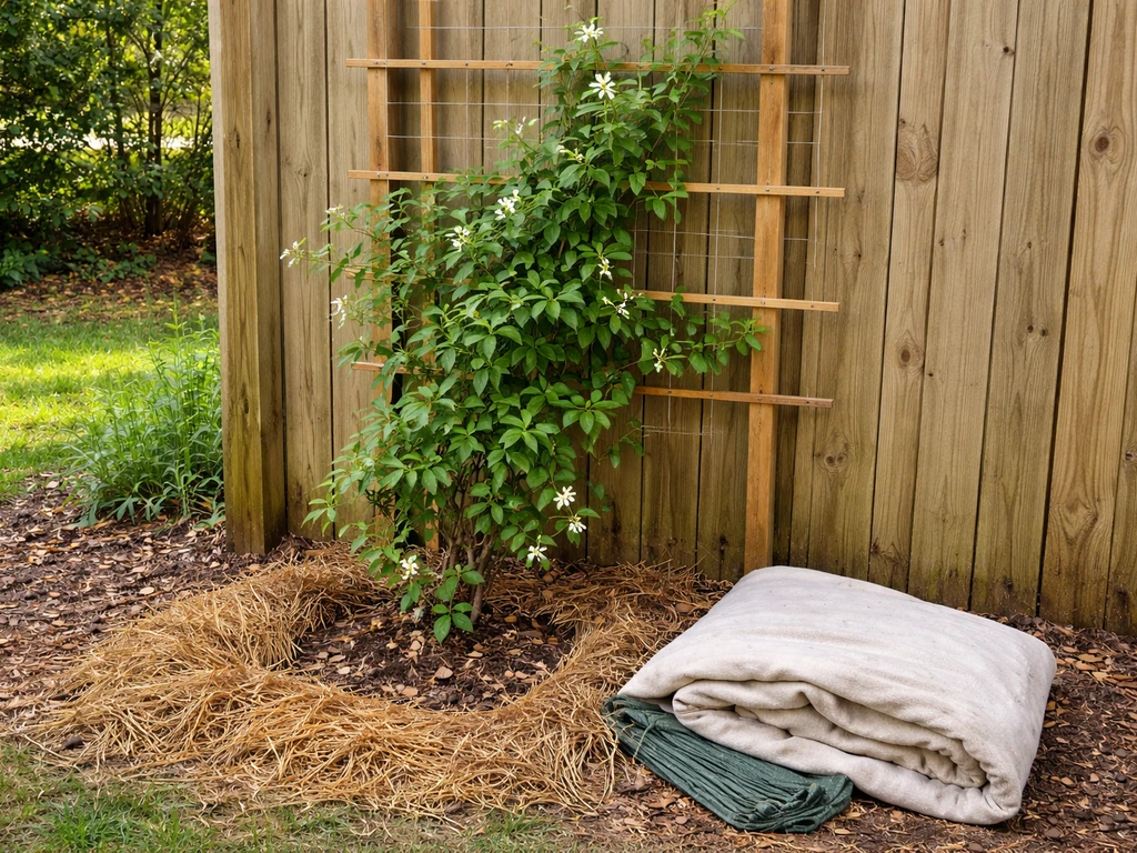 Jasmine climbing a sunny fence with mulch and winter cover materials for protection in a warm temperate yard.
