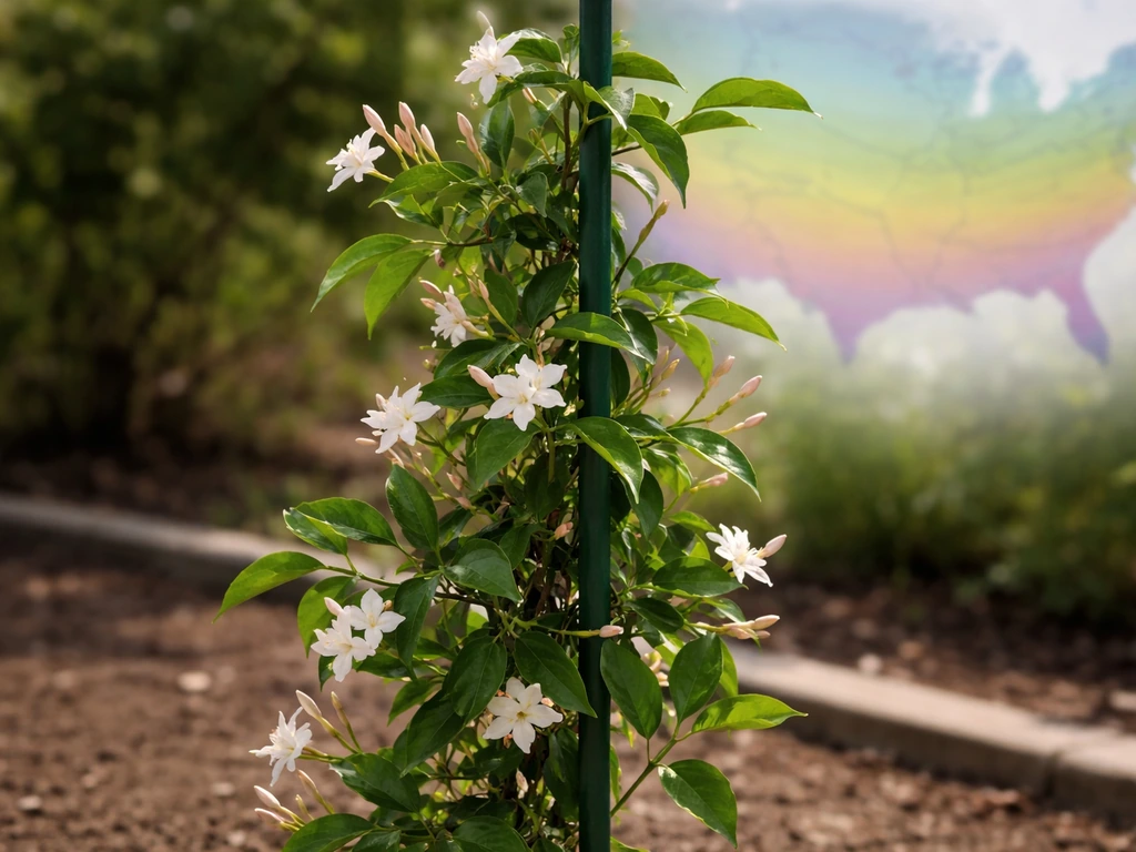 Close-up of small jasmine vine growing near a garden stake with a softly blurred zone-map background
