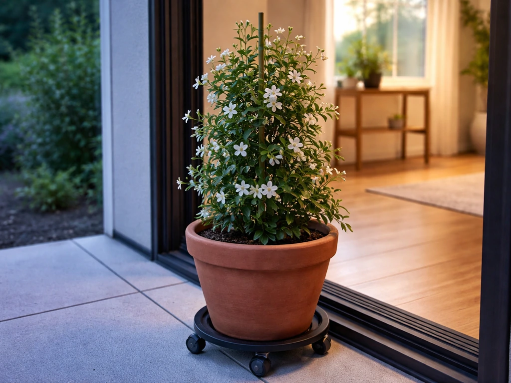Potted jasmine on wheels by a doorway, with bright indoor light setup in the background for overwintering.