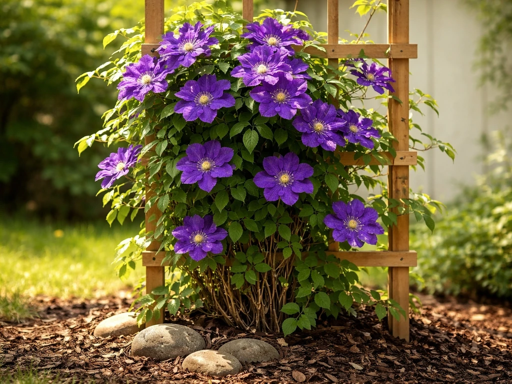 Sunlit clematis vine with purple flowers climbing a trellis, with cool root-zone mulch at the base
