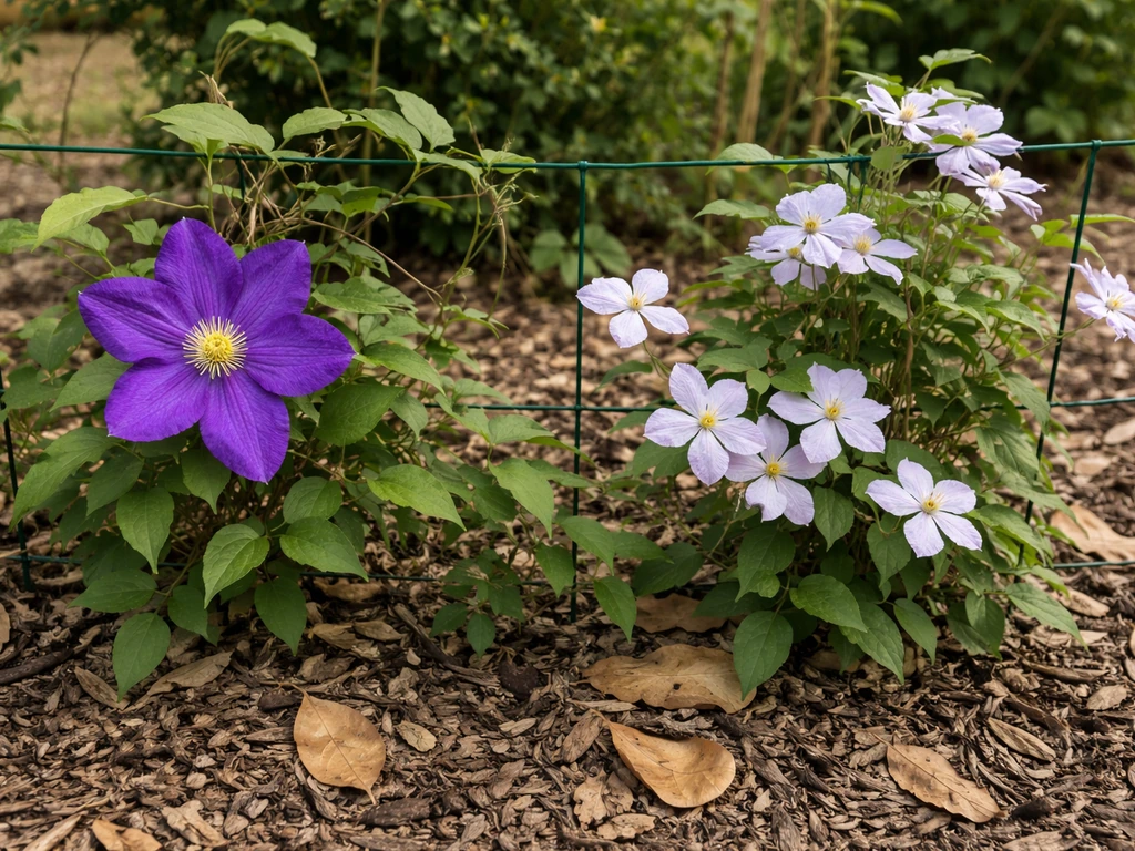 Clematis vines with purple and smaller pale blooms growing in a sunny Southern California garden bed