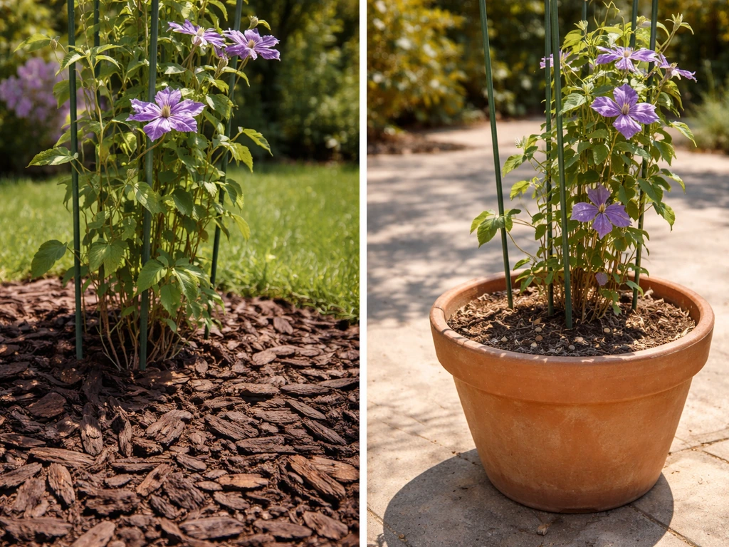 Side-by-side clematis planting setup: cool mulched in-ground bed beside a heat-stressed drying container.