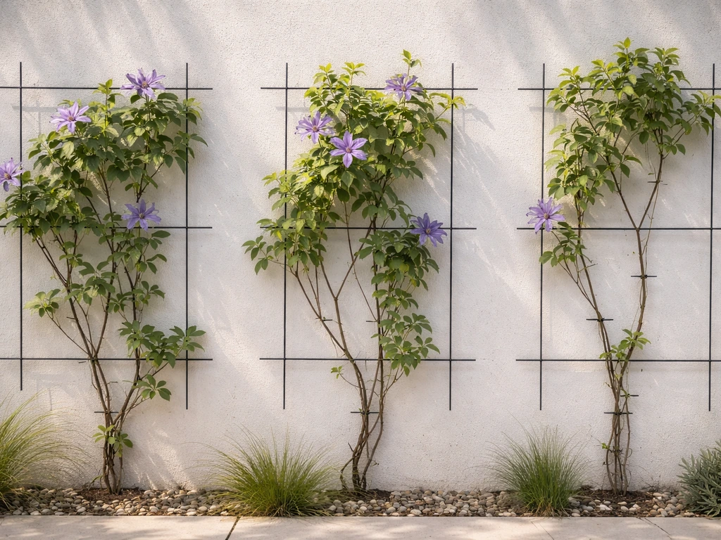 Three clematis vines with pruning group cut-line marks in a minimal SoCal garden setting.