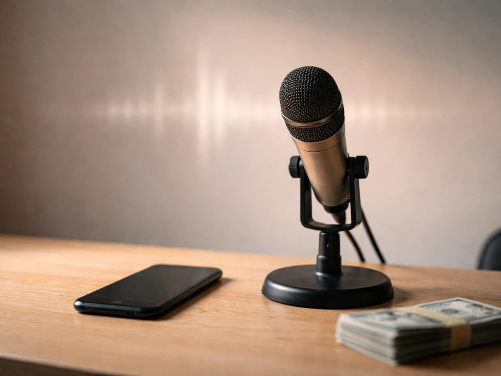 Podcast studio desk with microphone and subtle cash-themed props, suggesting podcast earnings