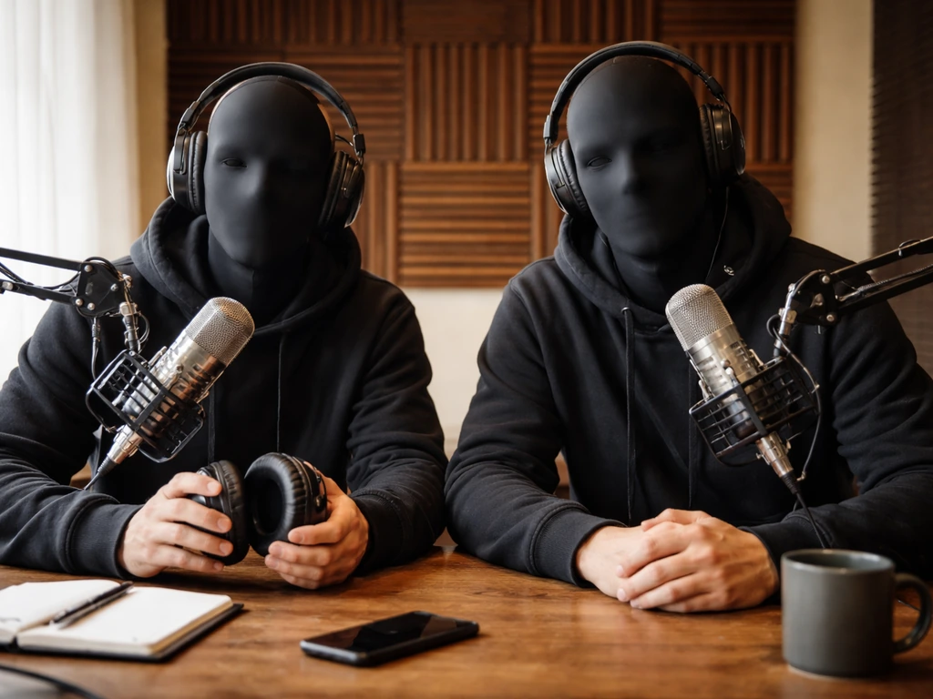 Two anonymous podcast hosts at a studio desk with microphones in soft natural light.