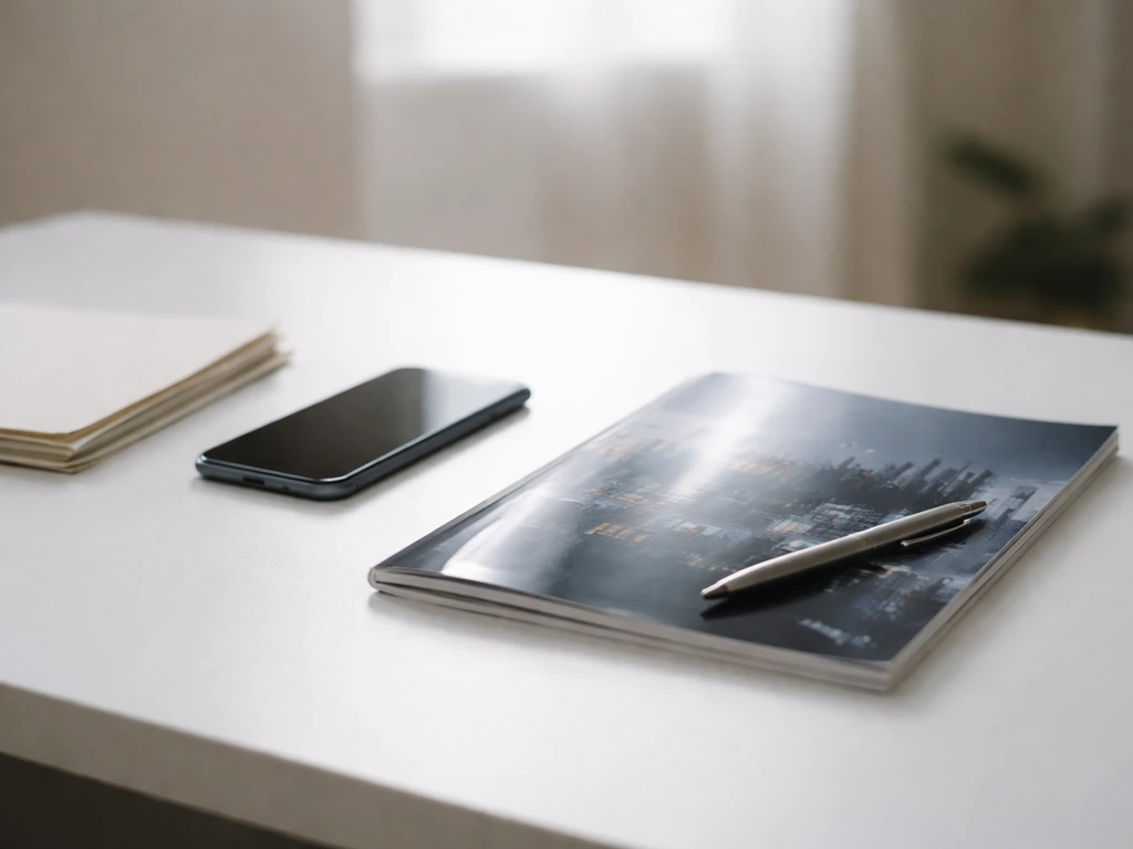 Minimal photo of a business desk with a smartphone and a glossy magazine reflecting money-themed light