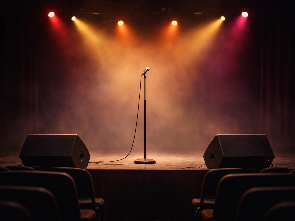 Empty concert venue with microphone stand and warm stage lights, seen from the aisle