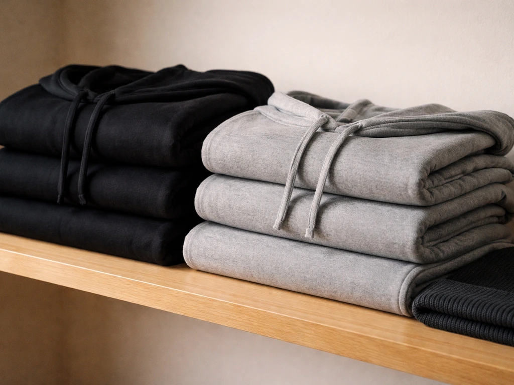 Close-up of folded black and gray branded podcast hoodies and a crewneck shirt on a simple shelf