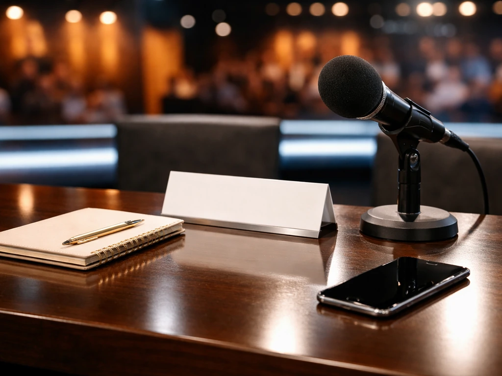 TV studio desk with microphone and warm blurred studio lights, suggesting celebrity media work and finance interest.