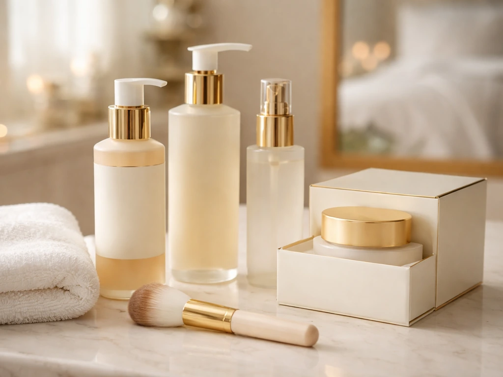 Closeup of elegant hair and beauty product bottles on a vanity with soft towel and brush, warm natural light.
