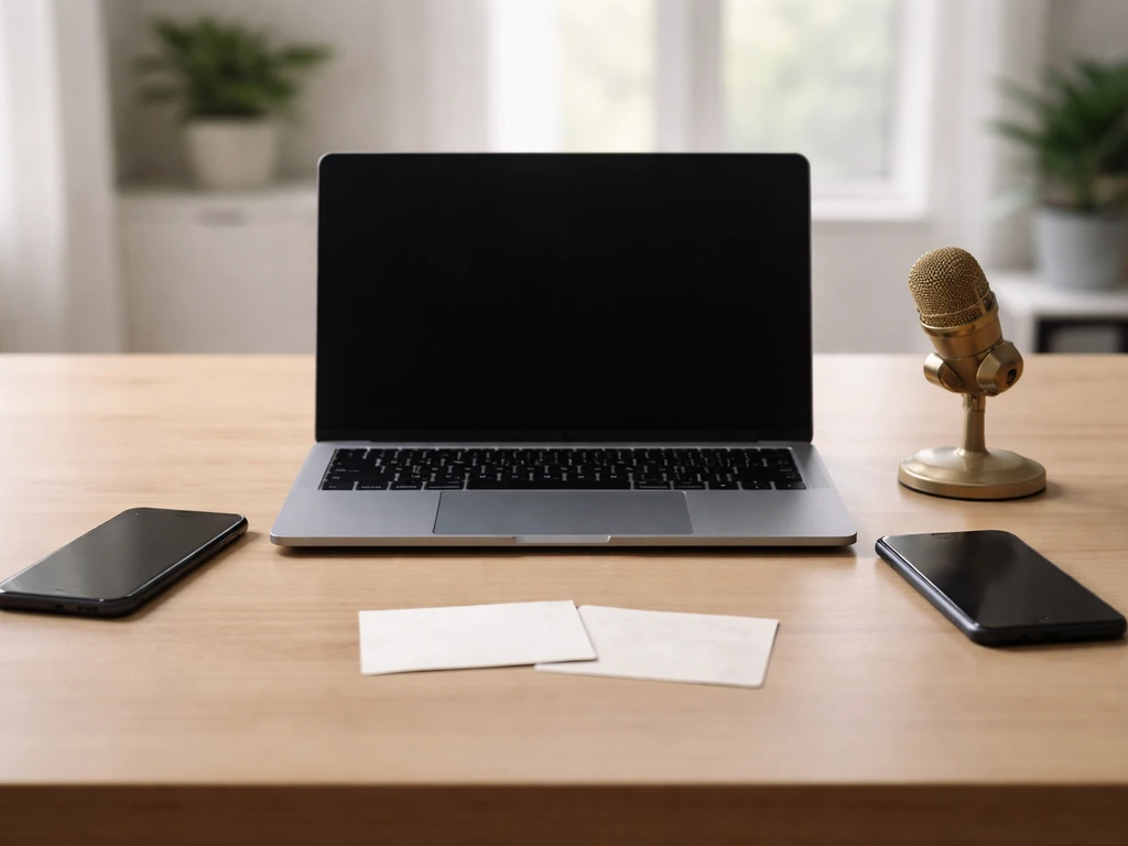 Minimal office desk with laptop, blank cards, phone devices, and a microphone symbolizing mixed identities