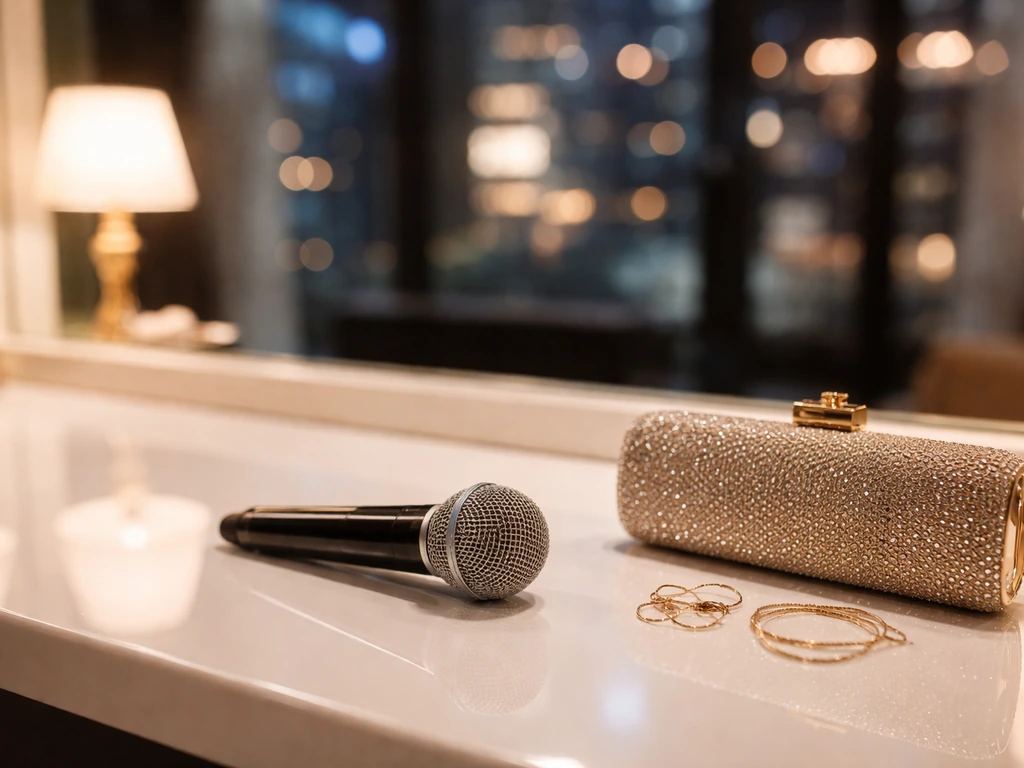 Glam reality-TV inspired studio desk scene with a microphone, jewelry, and city lights suggesting celebrity finance