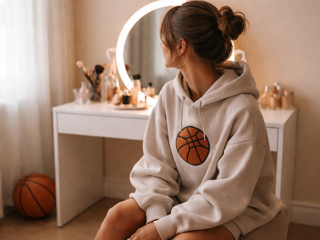 Anonymous woman in casual glam with a basketball at a simple home vanity under natural light.