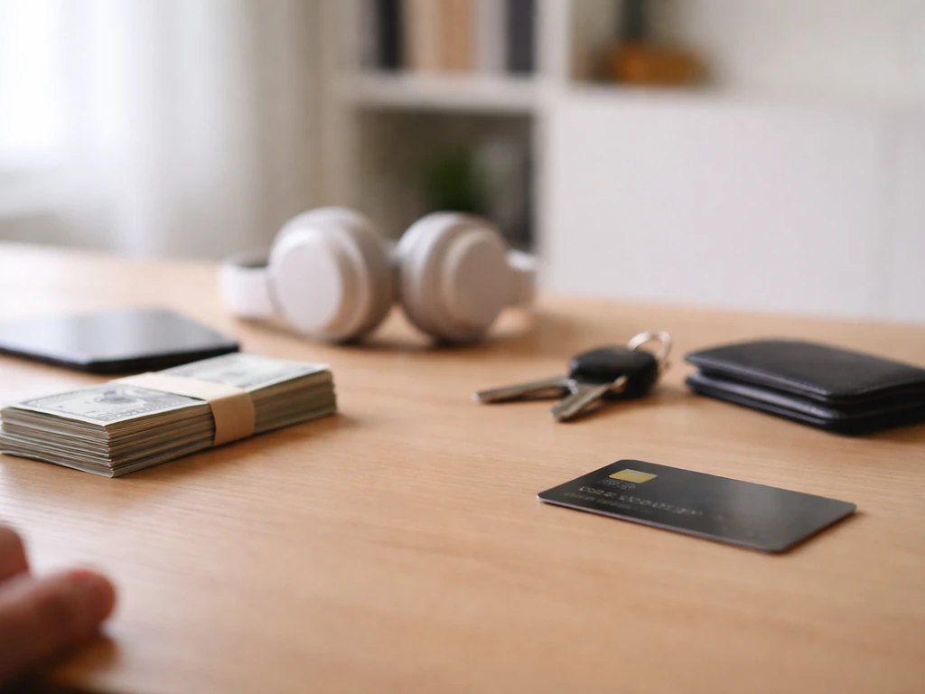 Minimal desk scene with money, media tech, keys, and a payment card symbolizing net worth inputs.