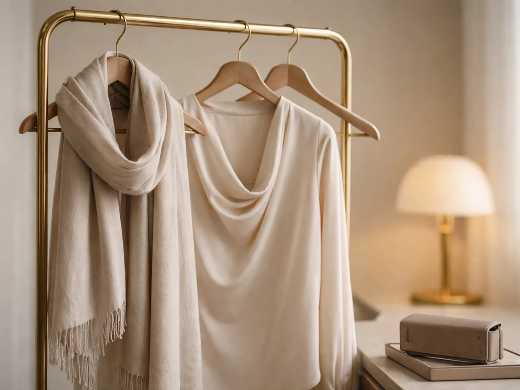 Close-up of premium fashion items on a minimalist rack with a leather wallet nearby.