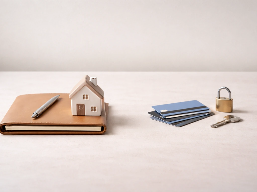 Tabletop scene with small house and portfolio on one side, credit cards and lock on the other.