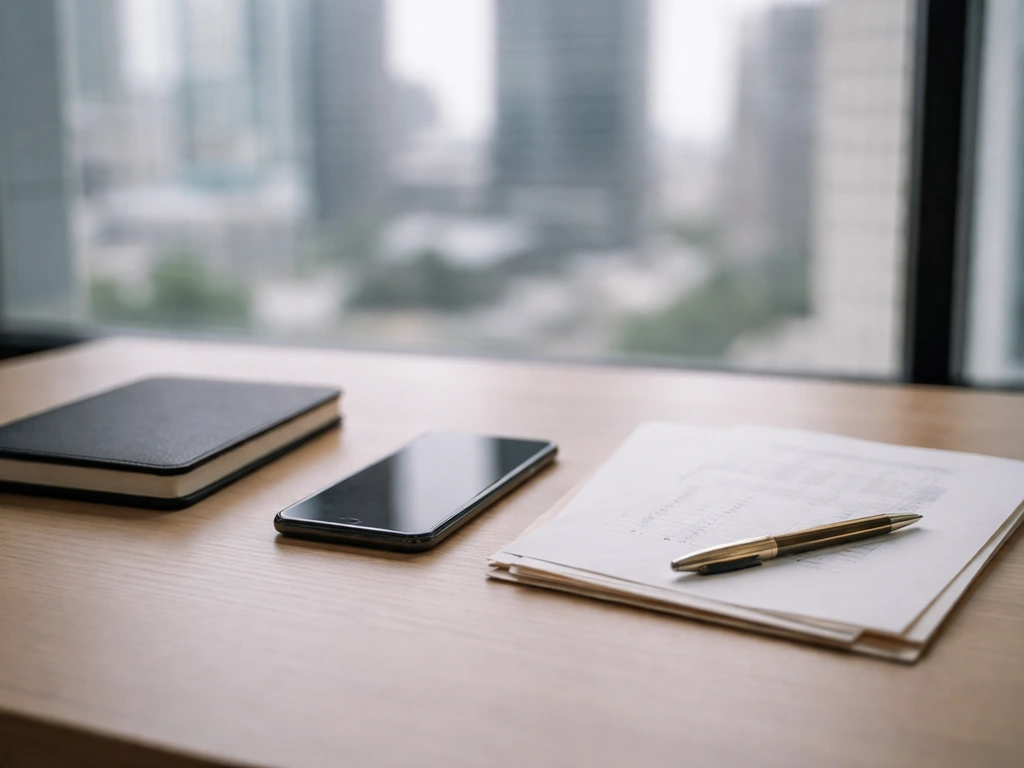 Minimal office desk with papers and smartphone, symbolizing a cast net worth breakdown research scene.