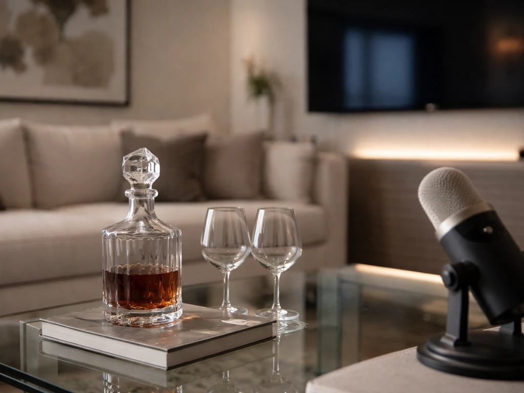 Luxury living-room scene with crystal decanter and a podcast microphone, suggesting wealth and media analysis.