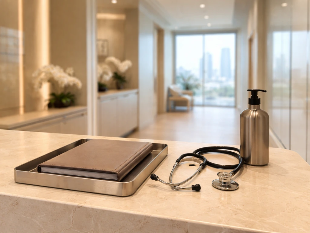 Minimal luxury clinic reception scene with a stethoscope and leather portfolio, symbolizing wealth and media profile.