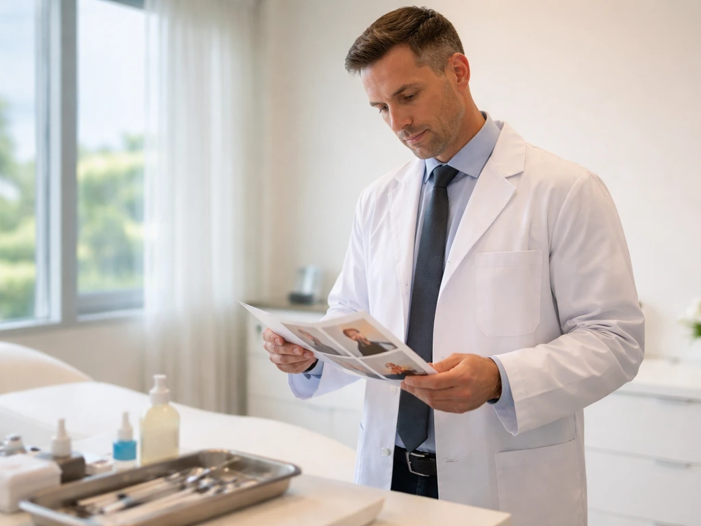 Anonymous plastic surgeon reviewing a patient photo in a bright Miami clinic office