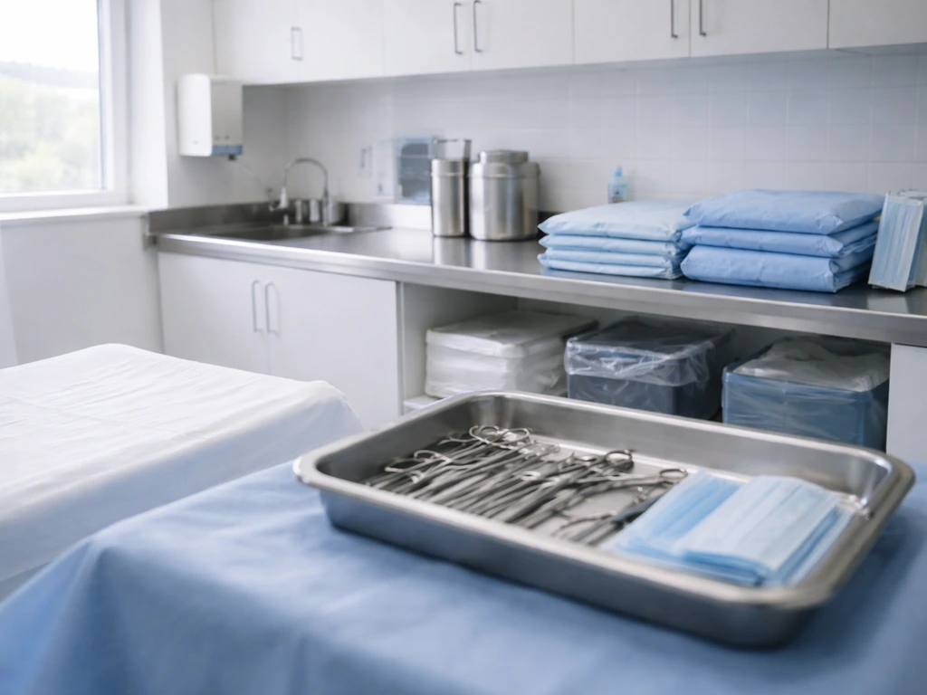 Empty operating room counter with sterile medical supplies and surgical instrument tray, suggesting a cosmetic practice.