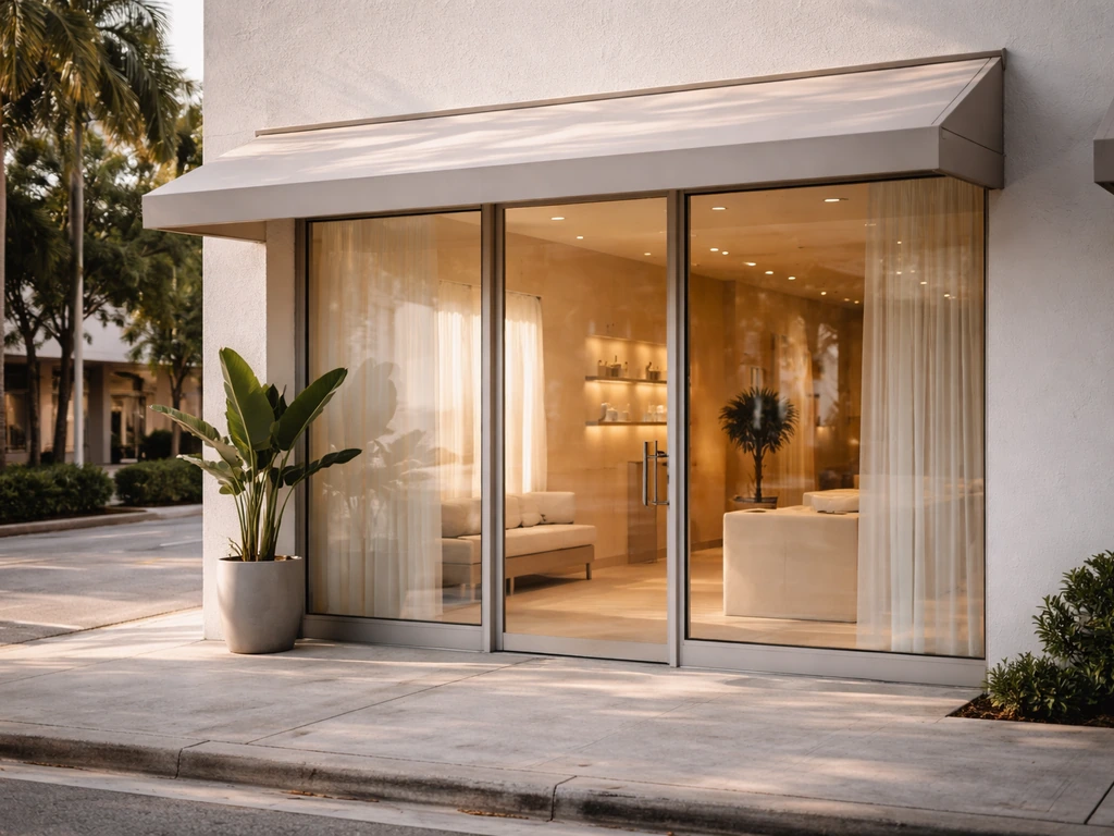 Minimal Miami medspa storefront with glass entrance and warm interior light, no people, no readable signage.