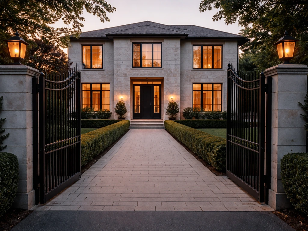 Luxury home exterior with a manicured driveway and front gate, symbolizing real estate wealth signals.