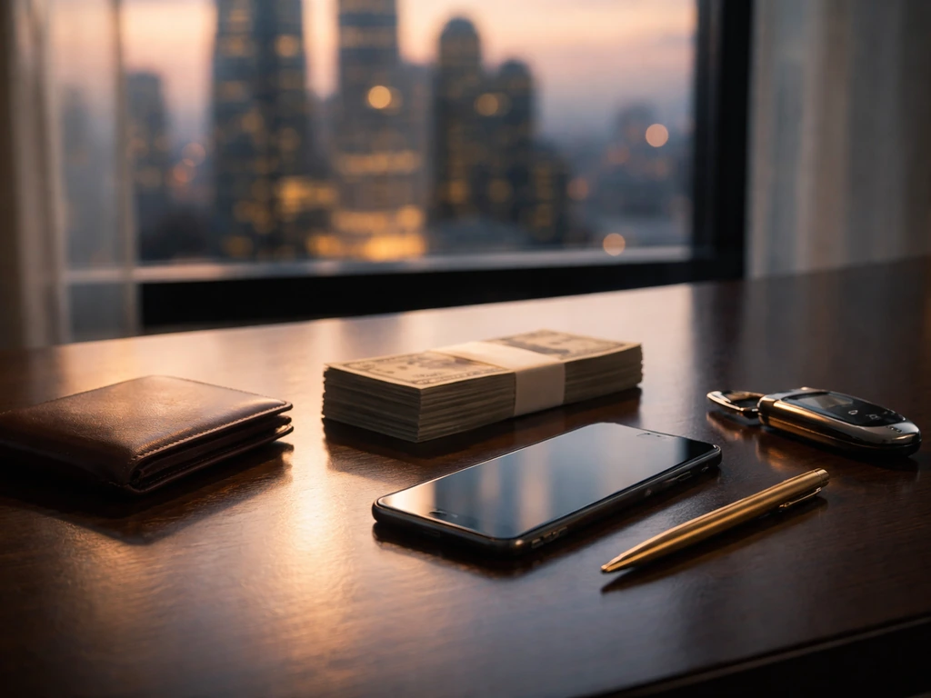 Minimal photo of a luxury desk with cash and a smartphone, symbolizing estimated net worth and media analysis