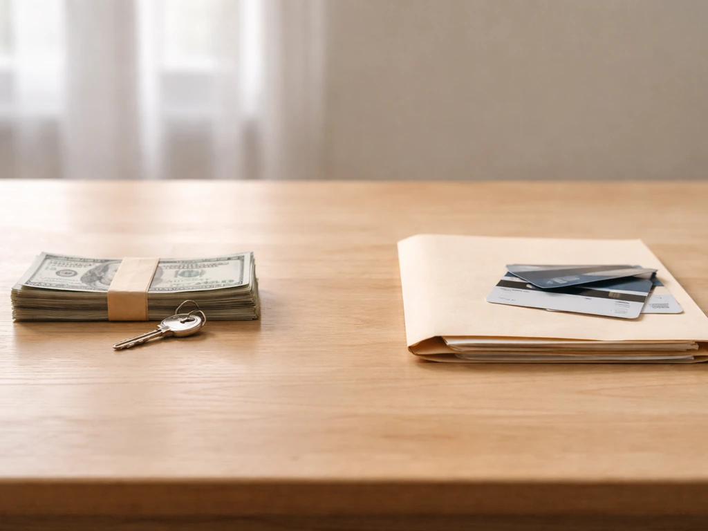 Minimal photo of a desk with cash and a house key beside a closed folder and credit cards symbolizing assets vs liabilit
