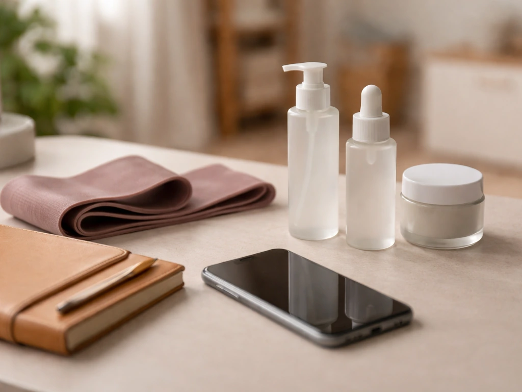 Minimal desk scene with skincare products and a smartphone, suggesting a fitness-and-skincare business venture